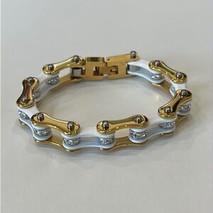 White and Gold Bike Chain Bracelet with Clear Stones
